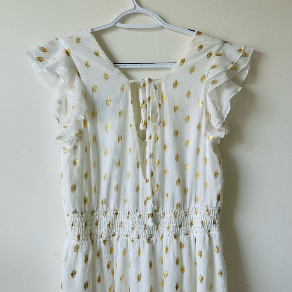 Lulus Cause to Celebrate White & Gold Dot Ruffled Tiered Midi Dress SizeM Magic - Picture 8 of 12